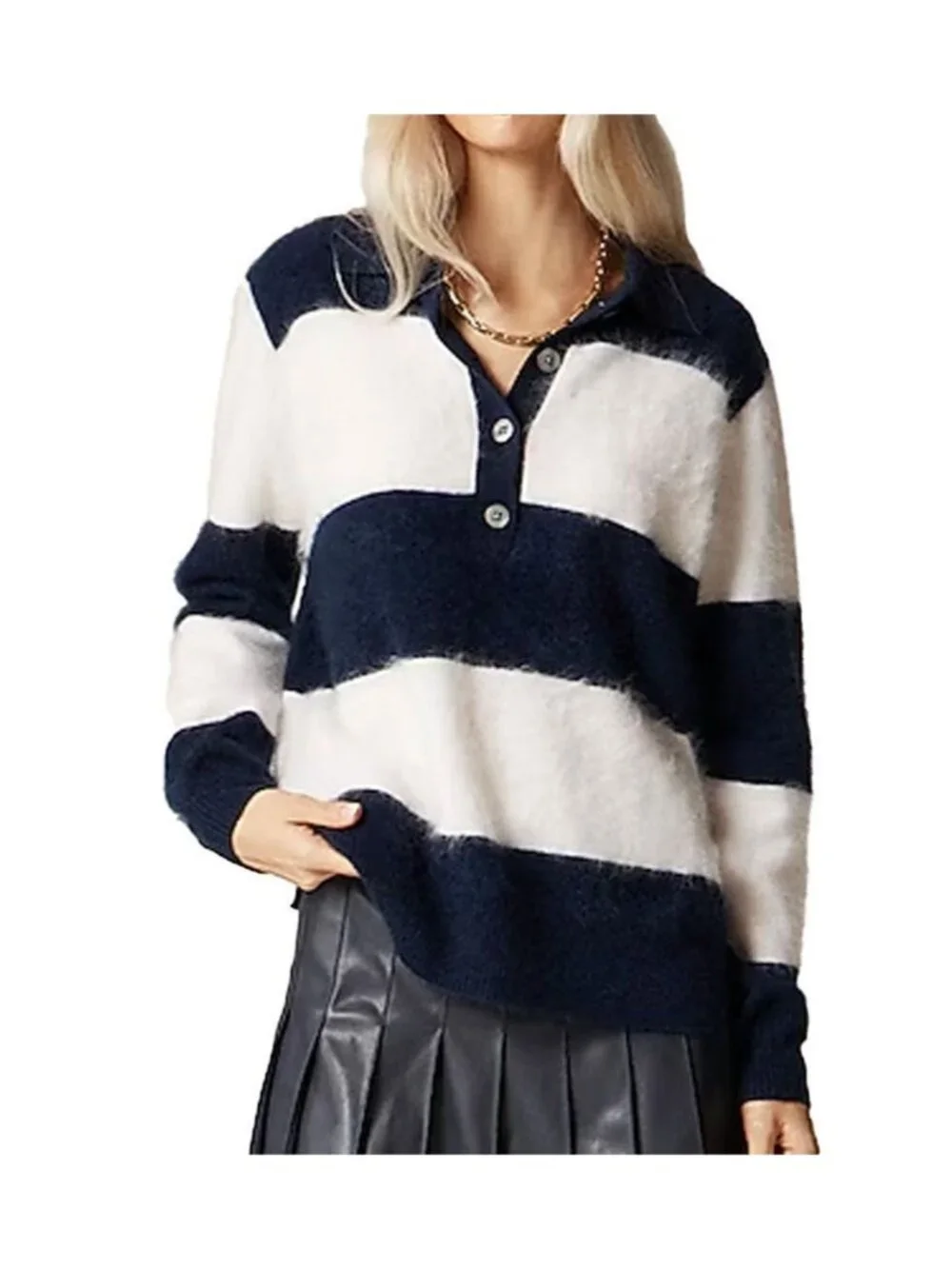 NWT J.Crew Brushed Cashmere Rugby Sweater in  Navy Snow Stripe Henley Polo L